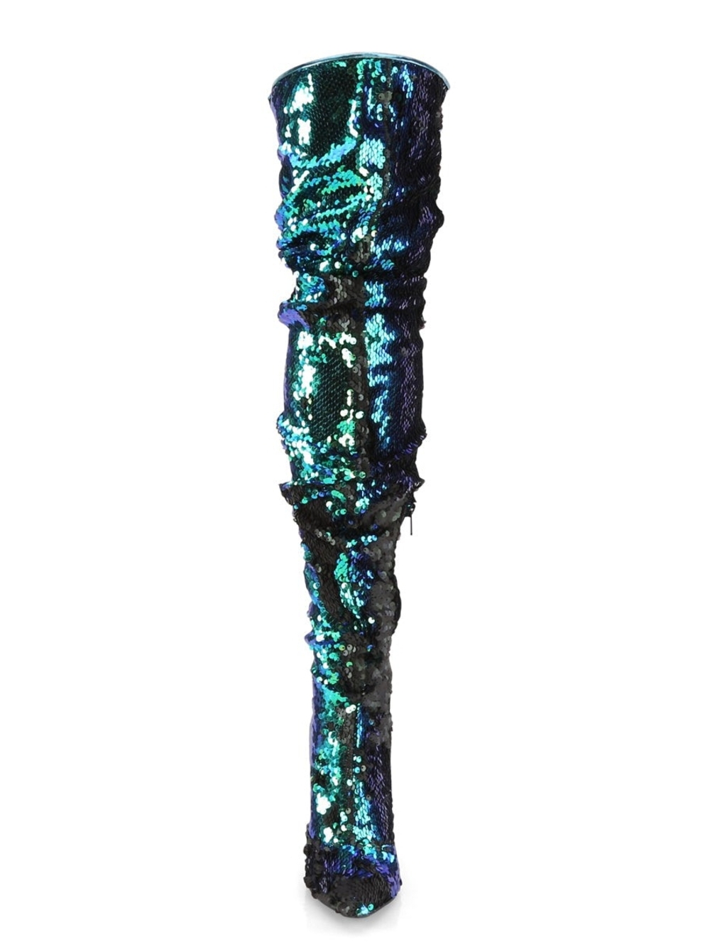 Sequin Over-the-Knee Boot in Iridescent Teal-Blue